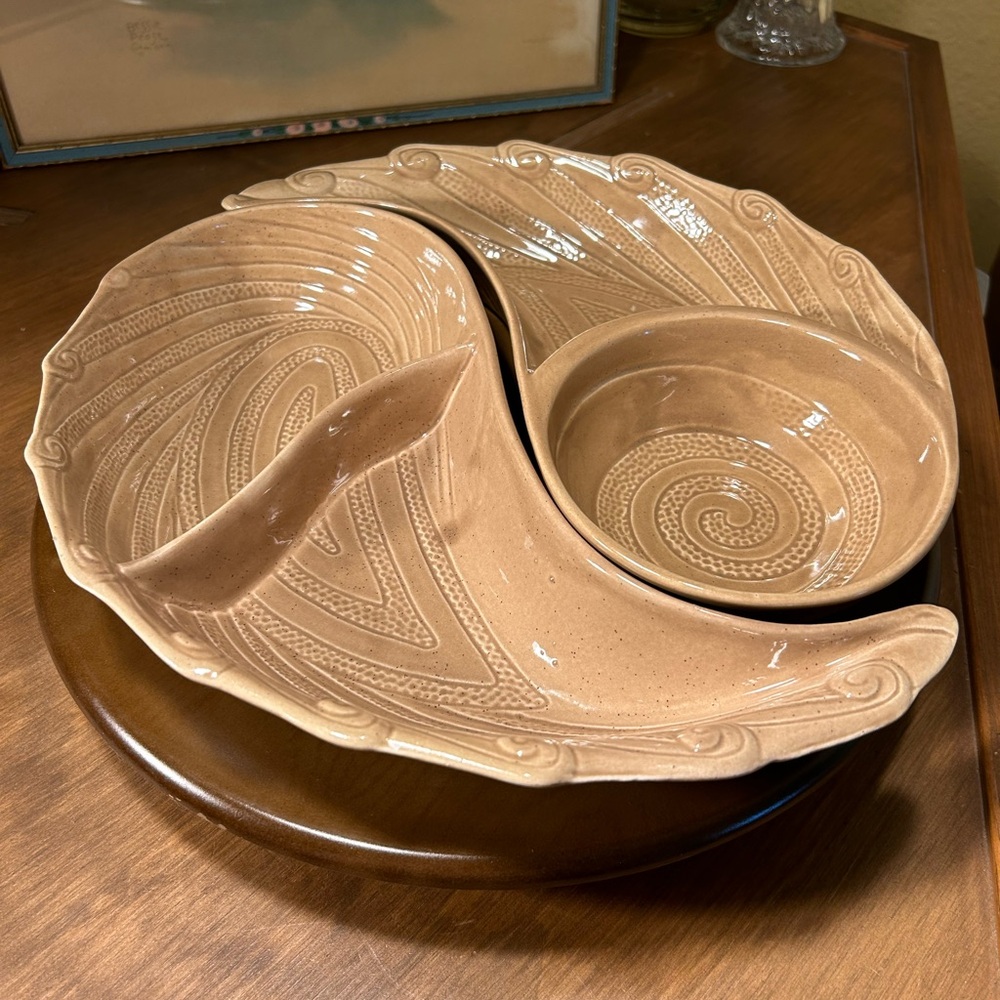 Mid-Century California Pottery Ceramic Appetizer Serving Trays w/14" Lazy Susan